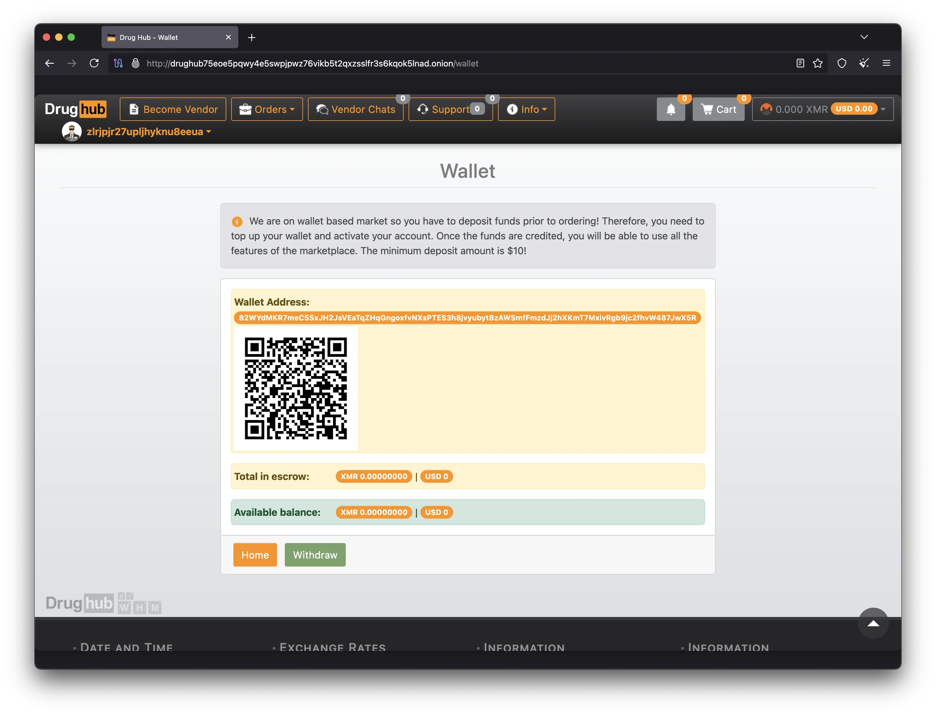 DrugHub Market Monero XMR payment interface and cryptocurrency wallet integration 2025